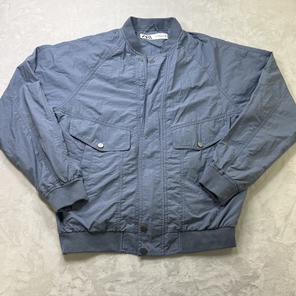 Zara Blue Bomber Jacket‎ Mens Small Lightweight Zip Front Rib Trim Utility Coat